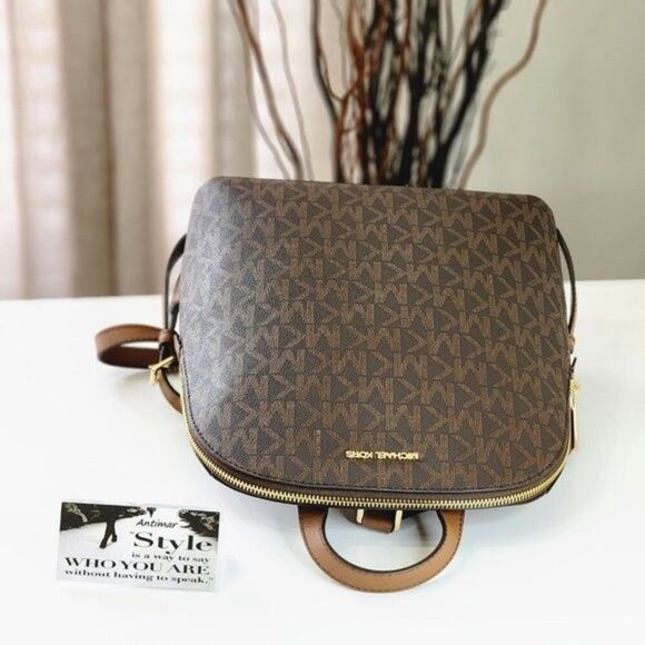 NEW! MICHAEL KORS Cindy MK Signature Brown LG Backpack Bag Gold Logo - Picture 5 of 14